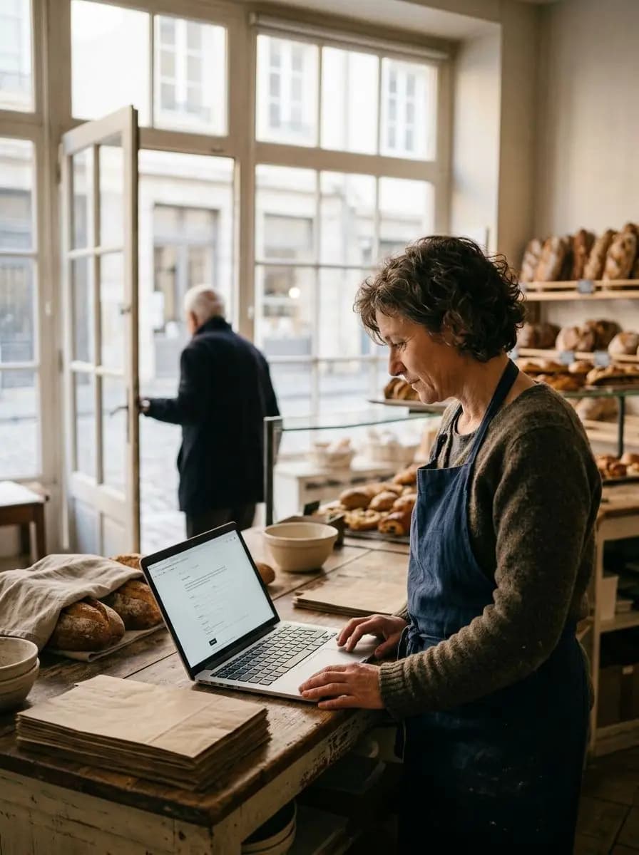 Une boulangère travaille sur un ordinateur portable entre ses comptoirs.