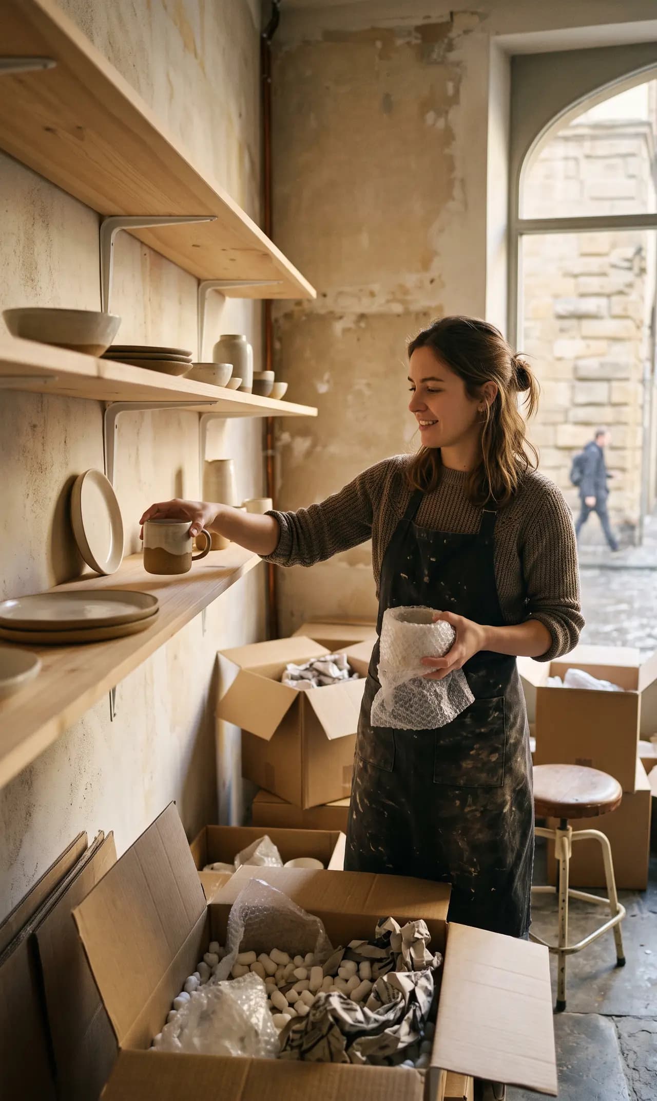 Une artisane emballe une commande à la main dans son atelier.