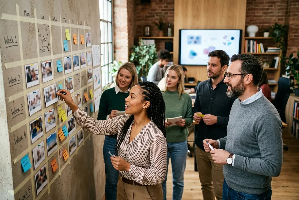 Un mois de contenu épinglé au mur comme un calendrier, une équipe en discute.